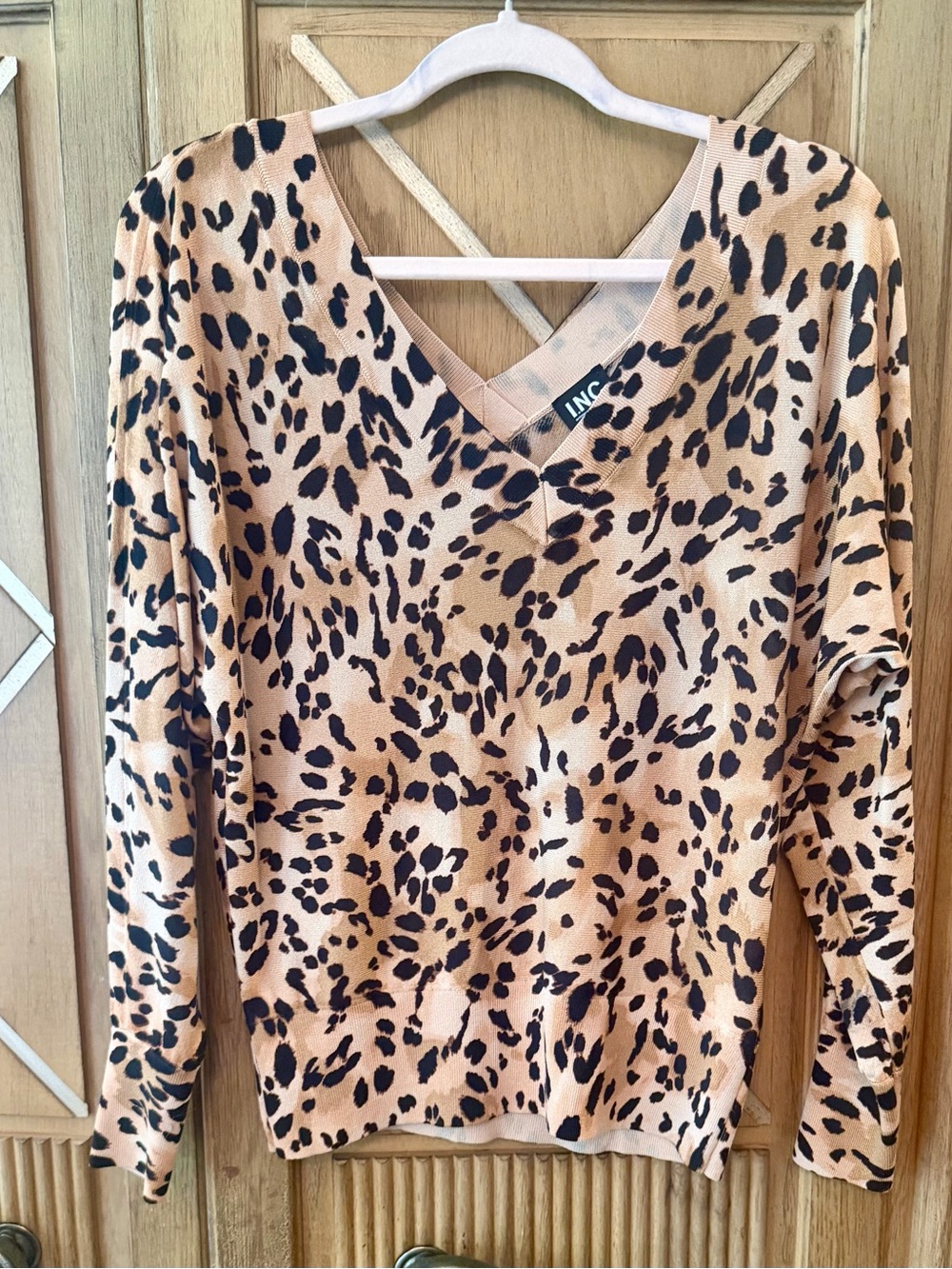 INC International Concepts Caramel Tan and Black Leopard V-Neck Sweater
